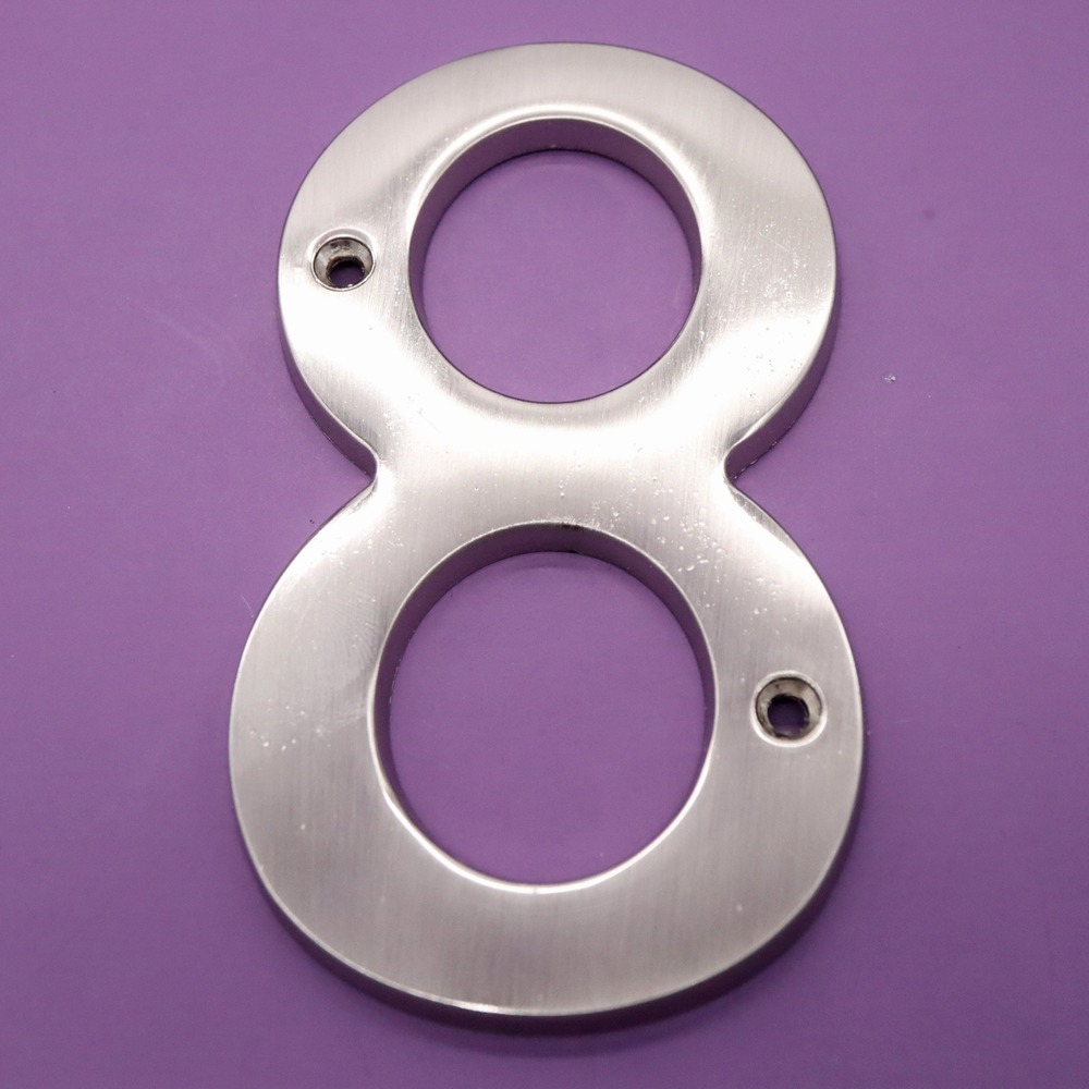 Number 8 Eight Satin Nickel 4" House Number w/ Hardware Wall Mount Post Address
